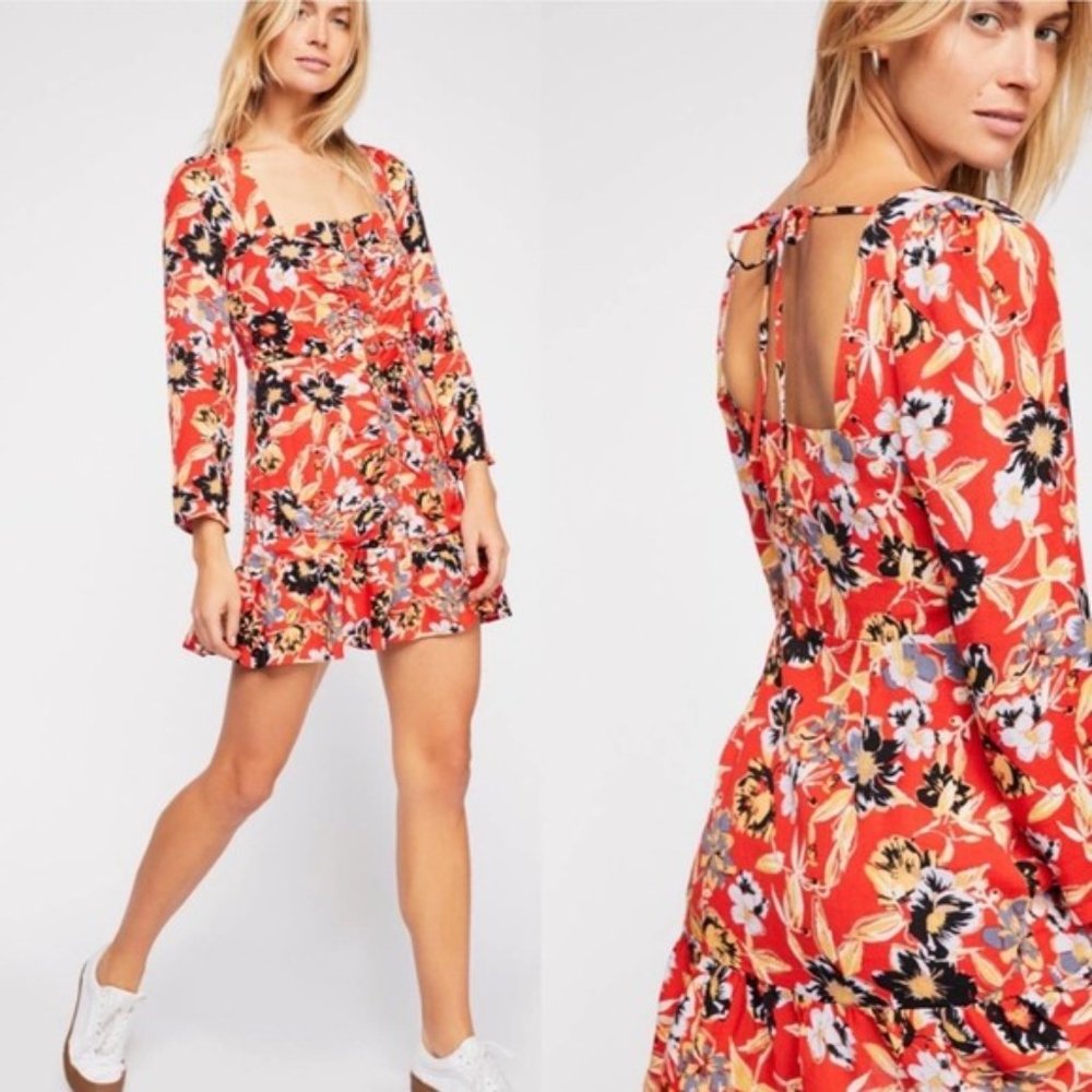 Free People Red Floral Button Front Dress Size 6 NWT